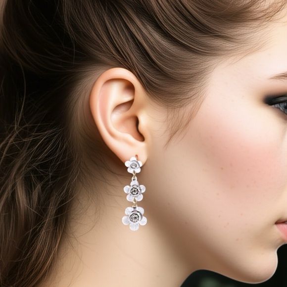LONNA & LILLY Gold Tone Crystal White Flower Triple Drop Earrings New - Picture 1 of 6